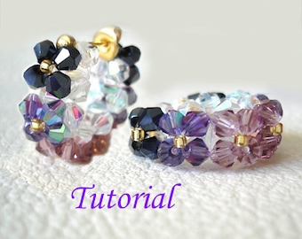 Beading Tutorial - Beaded Floral Hoop Earrings Pattern Ear Stud Post Earrings Tutorial Pattern Purple Floral Earrings Instructions How To