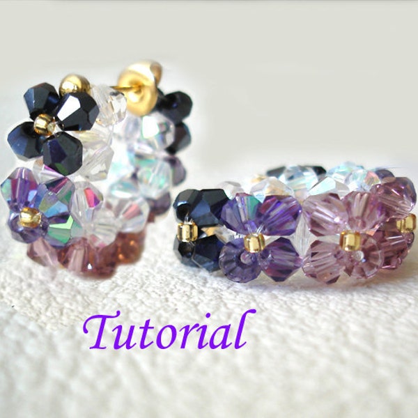 Beading Tutorial - Beaded Floral Hoop Earrings Pattern Ear Stud Post Earrings Tutorial Pattern Purple Floral Earrings Instructions How To