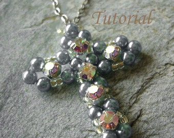 Beading Tutorial - Beaded Gray Cross Pendant Religious Pendant Making Pattern Christian Cross Pattern Montee Pearl Pattern Tutorial