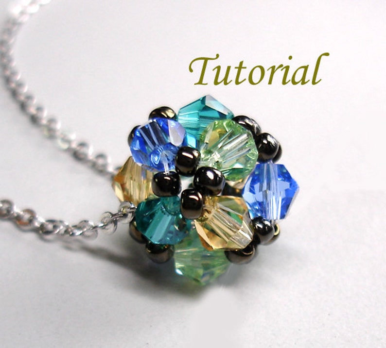 Beading Pendant Pattern Tutorial Beaded Floret Ball Pendant Instructions Blue Green Yellow Crystals Beads Beaded Handmade Pendant image 3