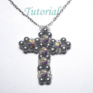 Beading Tutorial Beaded Gray Cross Pendant Religious Pendant Making Pattern Christian Cross Pattern Montee Pearl Pattern Tutorial image 3