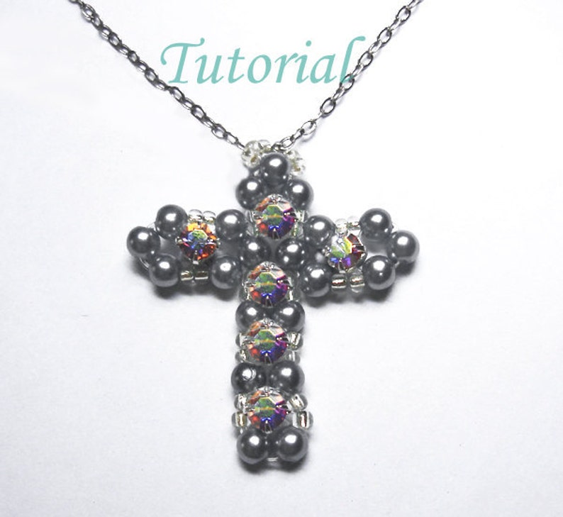 Beading Tutorial Beaded Gray Cross Pendant Religious Pendant Making Pattern Christian Cross Pattern Montee Pearl Pattern Tutorial image 3