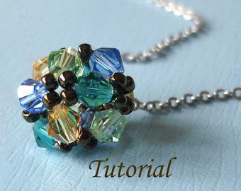 Beading Pendant Pattern Tutorial - Beaded Floret Ball Pendant Instructions Blue Green Yellow Crystals Beads Beaded Handmade Pendant