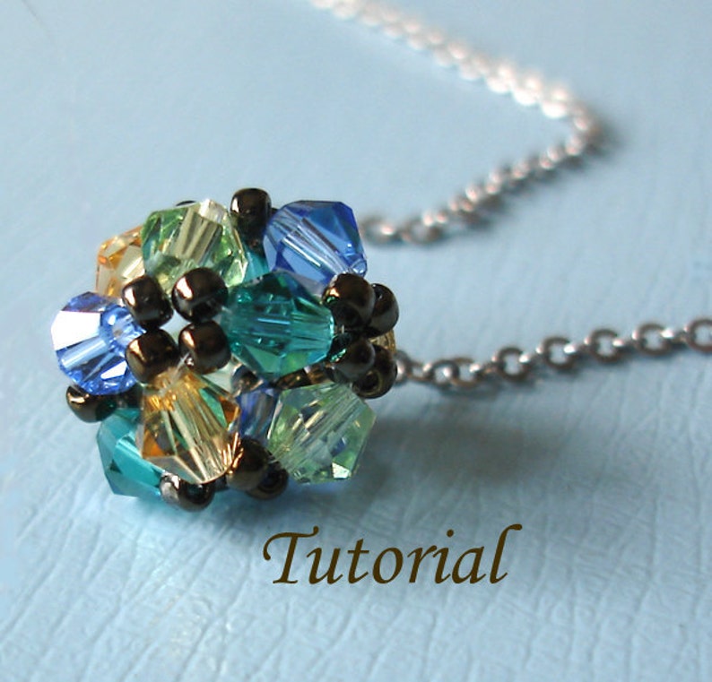 Beading Pendant Pattern Tutorial Beaded Floret Ball Pendant Instructions Blue Green Yellow Crystals Beads Beaded Handmade Pendant image 1