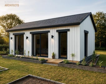 Cosy Gray 1 Bedroom Cabin Plan – 550 Sq Ft, 18x32 sq ft Gable Roof Tiny House Design, Vertical Panel Siding, PDF + DWG CAD Files Included