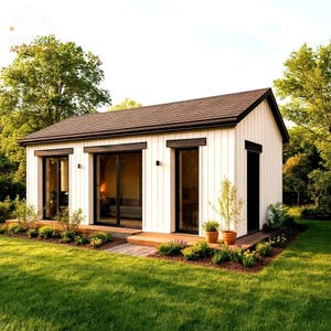 Op de afbeelding: Een kleine, moderne witte cabine met een bruin dak en zwarte afwerking. De cabine heeft grote glazen schuifdeuren en is omgeven door een groen gazon en landschapsarchitectuur. De cabine is ongeveer 6 meter lang.