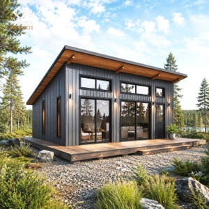 Op de afbeelding: Een moderne cabine met een donkergrijze buitenkant, houten terras en een schuin dak. Grote ramen en een glazen deur bieden uitzicht op het interieur. De cabine is omgeven door bomen en staat op een grindbasis, met de lucht op de achtergrond.