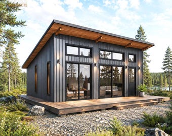Op de afbeelding: Een moderne cabine met een donkergrijze buitenkant, houten terras en een schuin dak. Grote ramen en een glazen deur bieden uitzicht op het interieur. De cabine is omgeven door bomen en staat op een grindbasis, met de lucht op de achtergrond.