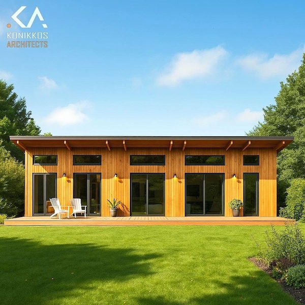 1044 kvadratfot - 18×58 fot - Husplaner med 3 sovrum • Modern träfasad • Lutat skjultak • Arkitektoniska planer PDF + DWG + Grundläggande materiallista