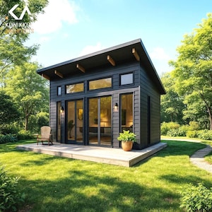 May include: A contemporary dark grey shed with a sloping roof and large glass doors and windows. The shed features a wooden deck and is set in a green garden with trees. A wooden chair sits on the deck, and a potted plant is beside the door.