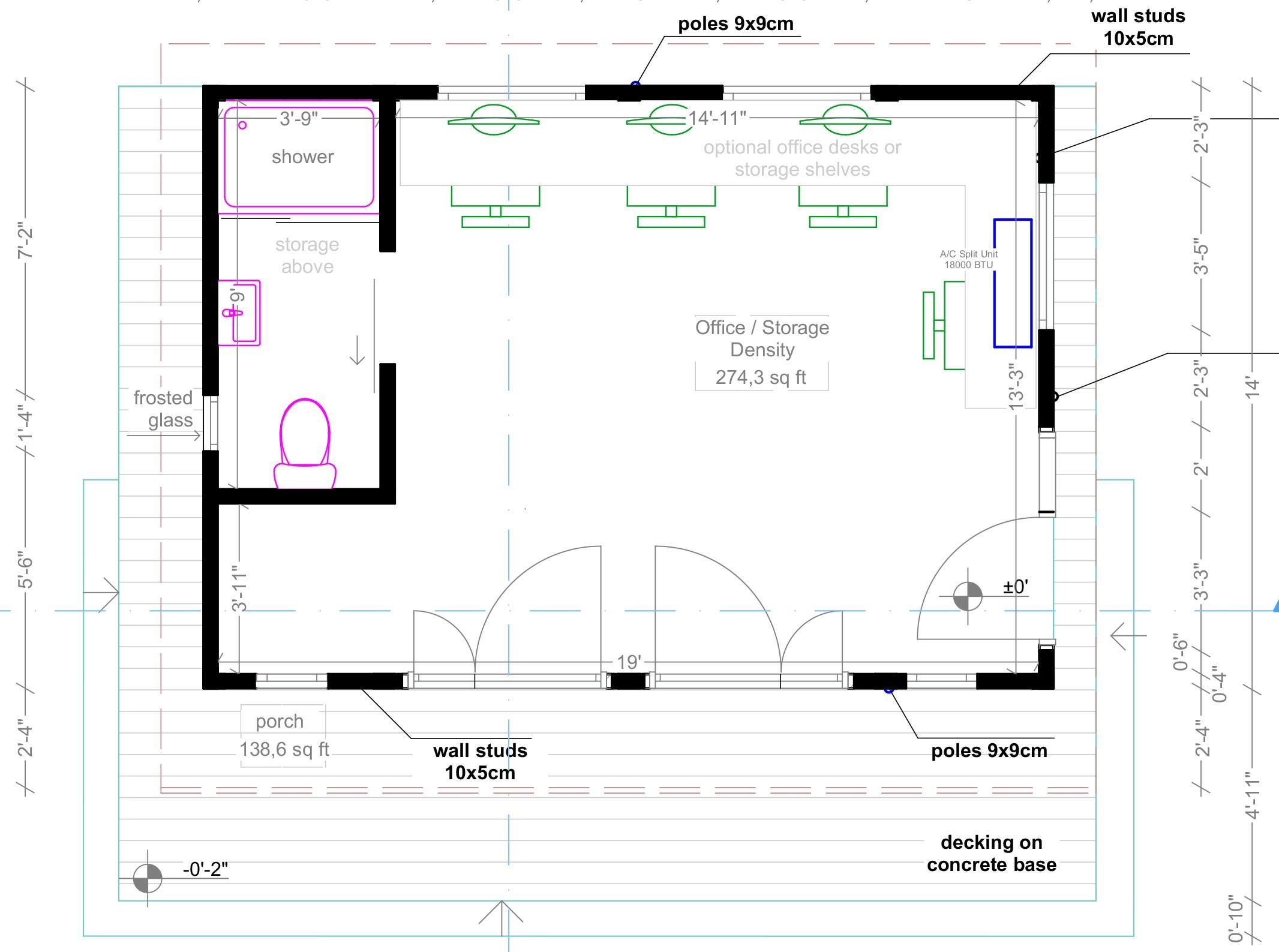 280 Sq Ft - 14x20 Ft Office + Storage Plan – Full Bath, Lean Shed ...