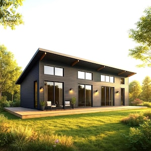 May include: Modern, two-story house with a dark gray exterior, large windows, and a wooden deck. The house features a flat roof with wooden accents and is surrounded by a green lawn and trees. The image is well-lit, showcasing the architectural design.