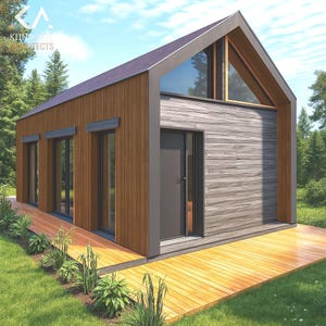 May include: Modern cabin with a wooden exterior and a gabled roof. The design features large windows, a wooden deck, and a minimalist aesthetic. The cabin is surrounded by greenery, creating a serene atmosphere.