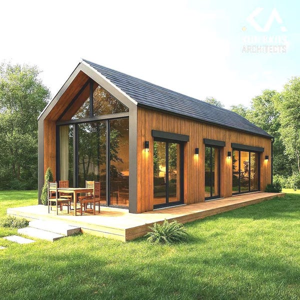 18 x 48 ft - 850 Quadratfuß - 2 Schlafzimmer - (864 Quadratfuß Tatsächliche) Giebel-Schuppen-Dachhütte – Architekturpläne PDF + DWG + 3Ds + Grundmaterialliste