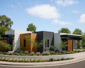 May include: Modern, single-story home with a flat roof, featuring a combination of light gray, black, and wood paneling. Landscaping includes small trees and shrubs, with a curved concrete planter. The sky is blue with scattered clouds.