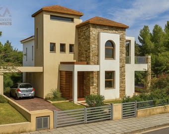 May include: A modern two-story house with a beige exterior, stone accents, and a brown roof. The house has a carport with a silver car parked inside. The property is surrounded by a metal fence and lush greenery.
