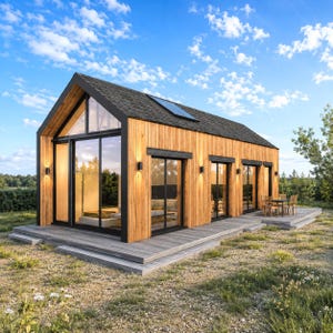 May include: A modern, single-story wooden house with a gabled roof and large glass windows. The exterior features vertical wood paneling, black window frames, and a wooden deck. The house is surrounded by grass and trees under a blue sky.