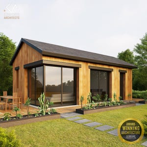 Gable Roof Cabin Plan – 18x32ft, 550 Sq Ft, Natural Wood Siding, 1 Bedroom + Porch, Modern Tiny House PDF + DWG Floor Plan