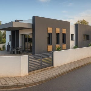 May include: Modern two-story home with a flat roof and a minimalist design. The exterior features a combination of dark gray and white walls, with wooden accents around the windows. A small patio with a table and chairs is visible. A white wall and gray gate are in the foreground.