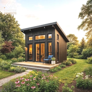 14x14 ft Backyard Office & Storage Plans – 196 Sq Ft ADU with Porch, Wooden Shed Roof, Half Bath, Architectural Plans Set + 2D CAD Files