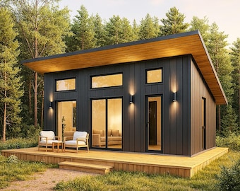 18x32ft Black Lean-To Cabin Plan • 550 Sq Ft PDF DWG • 1 Bedroom Lean-to Shed House Layout • open plan Custom, Tiny Home Design, Small House