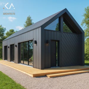 Può includere: Moderna cabina grigio scuro con tetto a capanna e ampie finestre. L'edificio presenta una terrazza in legno ed è circondato da alberi. Il design architettonico include il testo "Klinikkis Architects".