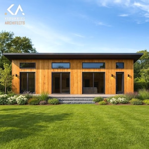 Könnte beinhalten: Außenansicht eines modernen, eingeschossigen Gebäudes mit Holzfassade und dunklem Dach. Große Fenster und Türen sorgen für viel Tageslicht. Das Gebäude ist von einem gepflegten Rasen und einer gepflegten Landschaft umgeben, unter einem klaren blauen Himmel. Der Text "KINKIKUS ARCHITECTS" ist sichtbar.