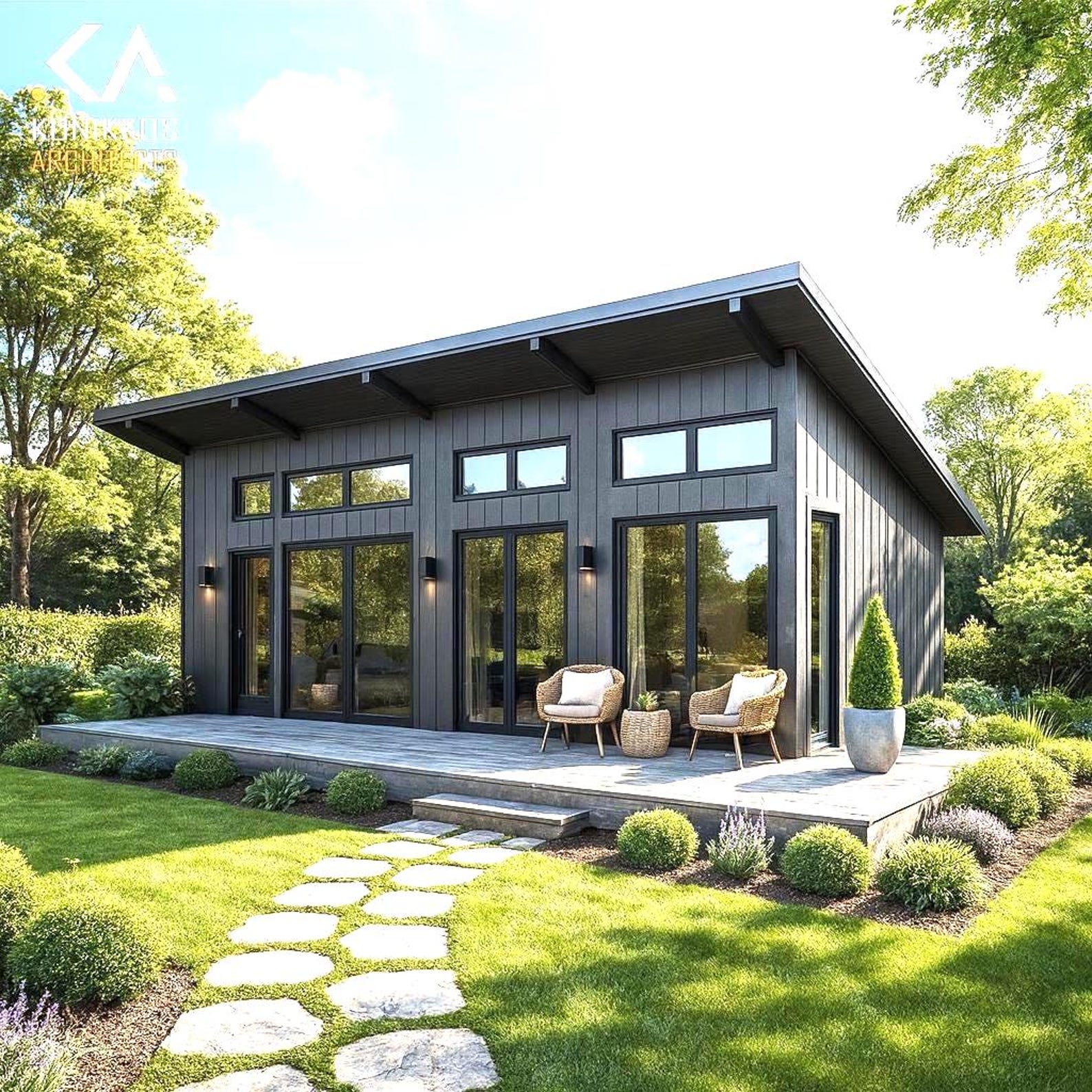 20x36 Ft - 2 Bedroom Cabin • 720 Sq. Ft • Grey Siding • Single Slope