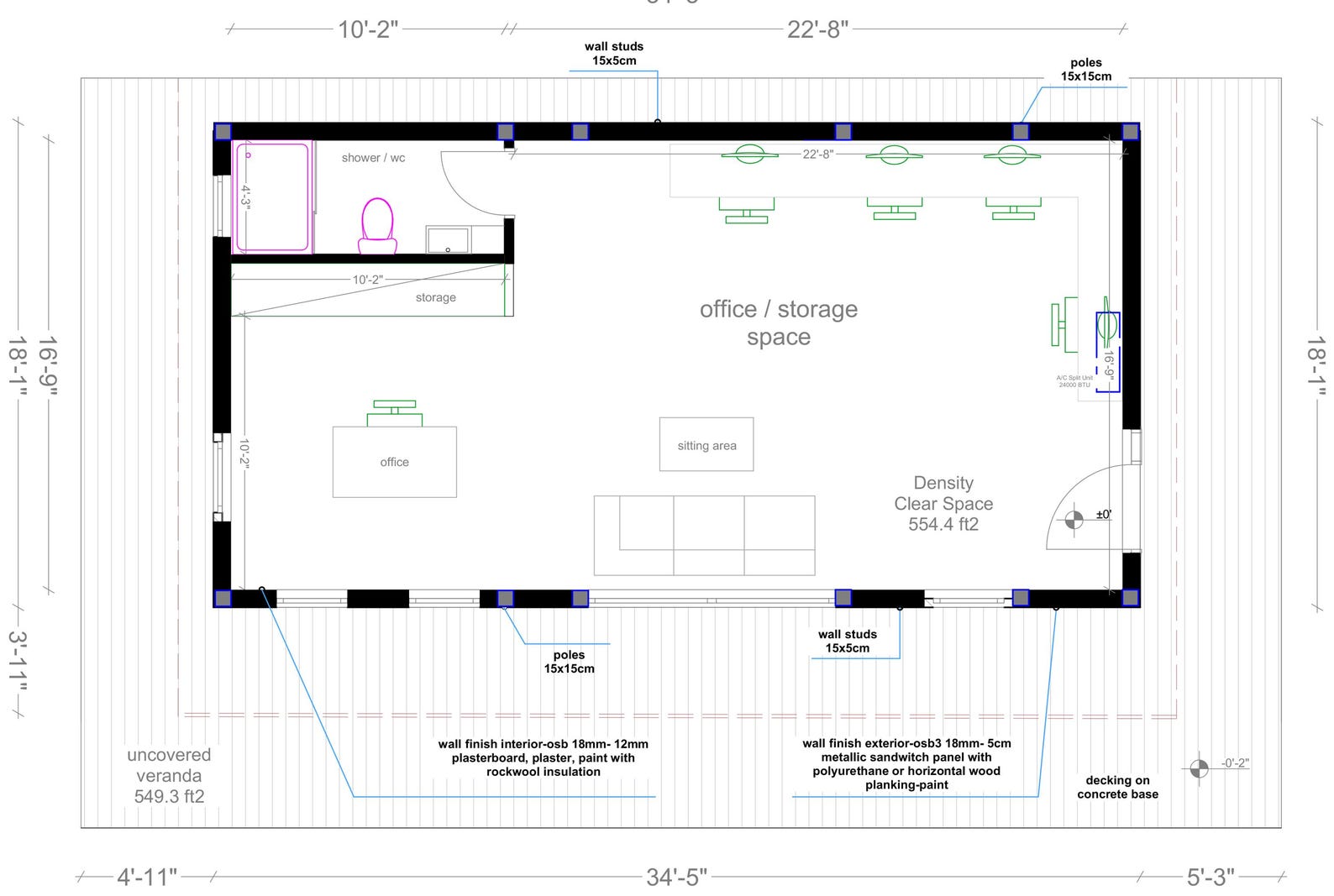 Storage Plan Example Office & Storage Plan 18x34 Ft – 612 Sq Ft Cabin - Wood Cabin Shed Roof ...