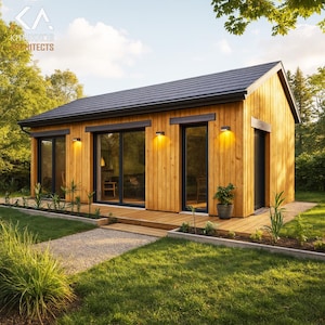 May include: A modern, single-story wooden cabin with a dark gray roof and black trim. Large glass windows and doors provide ample natural light. Exterior features include a wooden deck, small garden, and exterior lighting. The cabin is surrounded by lush greenery.