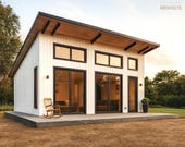 616 sq ft - 22x28 ft - 1 Bedroom House Plan, Single Slope Roof ADU, Architectural Plans Set pdf + 2D CAD + Basic Materials List + 3Ds