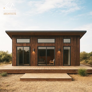 Moderner Anbau – 1 Schlafzimmer, 550 Quadratfuß + 100 m Deck, 5,7 x 9,5 m, Holzrahmen, PDF Entwürfe, DWG Dateien, kleine Häuser, kleines Haus