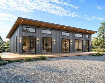 Può includere: Casa moderna a un piano con esterno grigio, terrazza in legno e vialetto in ghiaia. La casa presenta ampie finestre e porte a vetri. Il tetto è grigio scuro con dettagli in legno, su uno sfondo di cielo blu.
