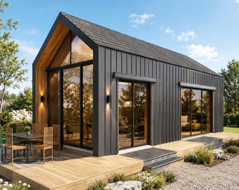 Pode incluir: Casa moderna de um andar com exterior cinza escuro e telhado de duas águas. A casa apresenta grandes janelas e portas de vidro, um deck de madeira e uma área de jantar com mesa e cadeiras. O paisagismo inclui cascalho, plantas e árvores.