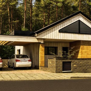 May include: A contemporary house with a carport, two white cars, and a brick wall. The house has a wooden facade, a black roof, and a triangular window. The background features tall green trees.
