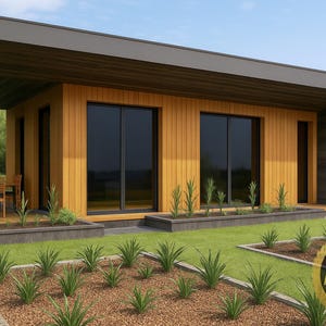 Plano de casa moderna con techo plano: 539 pies cuadrados con porche lateral, 1 dormitorio, diseño de 10x5, exterior gris madera, archivos PDF + CAD DWG