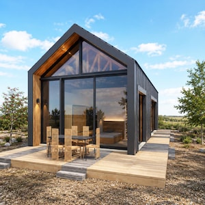 Peut inclure: Cabane moderne avec un extérieur gris foncé, des accents en bois et de grandes baies vitrées. Une terrasse en bois avec une table et des chaises s'étend de la cabane. La cabane est située dans un paysage de ciel bleu et de verdure.