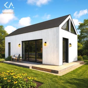 May include: A modern, white-sided house with a black roof and large glass doors. The house has a wooden deck and is surrounded by green grass and trees. The text "KIMIHUS ARCHITECTS" is in the upper left corner.