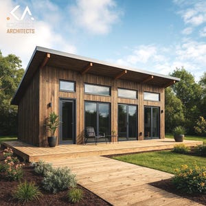 Peut inclure: Une cabane en bois moderne avec de grandes fenêtres et une terrasse. Le bâtiment a un toit et des bordures gris foncé, avec une passerelle en bois menant à l'entrée. Le ciel est bleu avec quelques nuages. Le logo "KONIKKIR ARCHITECTS" est en haut à gauche.