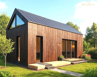 Può includere: Una moderna casa in legno a un piano con tetto in metallo nero. La casa presenta ampie finestre, un piccolo portico ed è circondata da erba verde e alberi. Il design architettonico comprende una finestra triangolare e un'estetica minimalista.