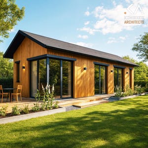 May include: A modern, single-story wooden house with a black roof and large glass windows. The house has a wooden deck and is surrounded by a green lawn and trees. The text "KONIKKOS ARCHITECTS" is visible in the upper right corner.