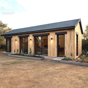 モダンバーンスタイルの2ベッドルームプラン - 850平方フィート、18 x 48フィートのポーチ付き小型ADU、木造住宅デザイン、PDF + DWGフロアプラン