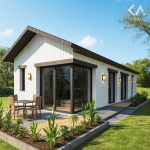 コテージスタイルの2ベッドルーム住宅プラン – 850平方フィート、18 x 48フィート、木造、間取り図PDF + DWG、小さな家の設計図