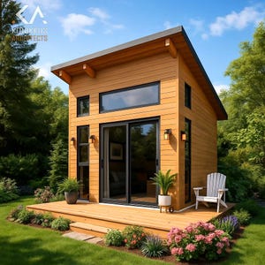 May include: A modern, small wooden cabin with a deck, surrounded by greenery. The cabin has large windows and a sliding glass door. The deck features a white chair and potted plants. The sky is blue with some clouds. The cabin is designed by Kunikkus Architects.