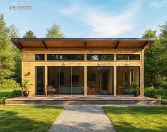 Peut inclure: Une construction en bois moderne à un seul étage, avec de grandes fenêtres et portes vitrées. Le bâtiment a un toit plat et est entouré d'arbres et d'une pelouse. Le texte "KINIKKOS ARCHITECTS" est visible en haut à gauche.