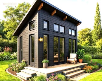 Puede incluir: Una pequeña casa moderna, de color gris oscuro, con techo a dos aguas y detalles en madera. La casa cuenta con grandes ventanales y una pequeña terraza con una silla, rodeada de un césped y jardín exuberantes.