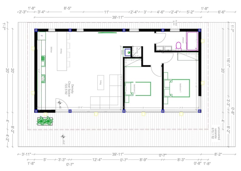 20x40 Ft - 2 Bedroom Cabin Plan – 800 Sq Ft ADU + 330 Sq Ft Deck, Lean ...