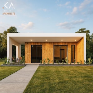 Puede incluir: Casa moderna de una sola planta con techo plano blanco y fachada de madera. El edificio tiene grandes ventanas y puertas con marcos negros, un camino de hormigón y césped verde. El texto "KLINIKKTEH ARCHITECTS" es visible.