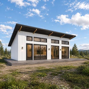 May include: A modern, white cabin with a black roof and large glass windows and doors. The cabin has a wooden deck and is surrounded by a natural landscape with trees and grass. The sky is blue with fluffy white clouds.