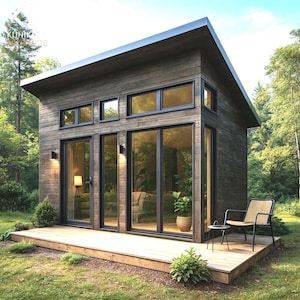 Tiny 10x20ft Office Shed Plan – 200 Sq Ft, Modern Lean-to Wood Cabin with Bath + Kitchen, Floor Plans, Instant Arch Files, Deck Design ADU